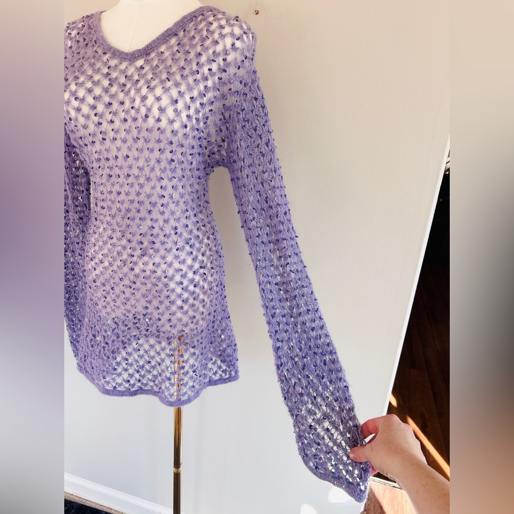 Y2K SMOOCHES 90s Open Knit Sequin Oversized Long Layer Sweater Fairy Grunge Sz M - Picture 10 of 12